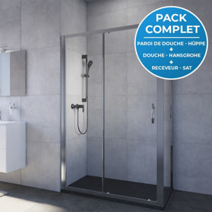 Pack douche : Porte coulissante 120cm + Paroi latérale 80cm + Set de douche avec mitigeur Hansgrohe + Receveur 120x80cm Noir