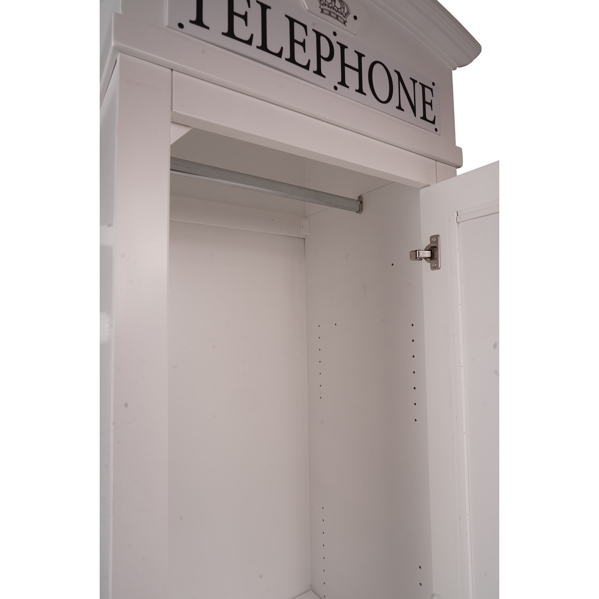 Armadio "cabina telefonica londinese" con 3 ripiani e anta a specchio, Made in Italy, Guardaroba per camera da letto, cm 68x55h215, colore Bianco