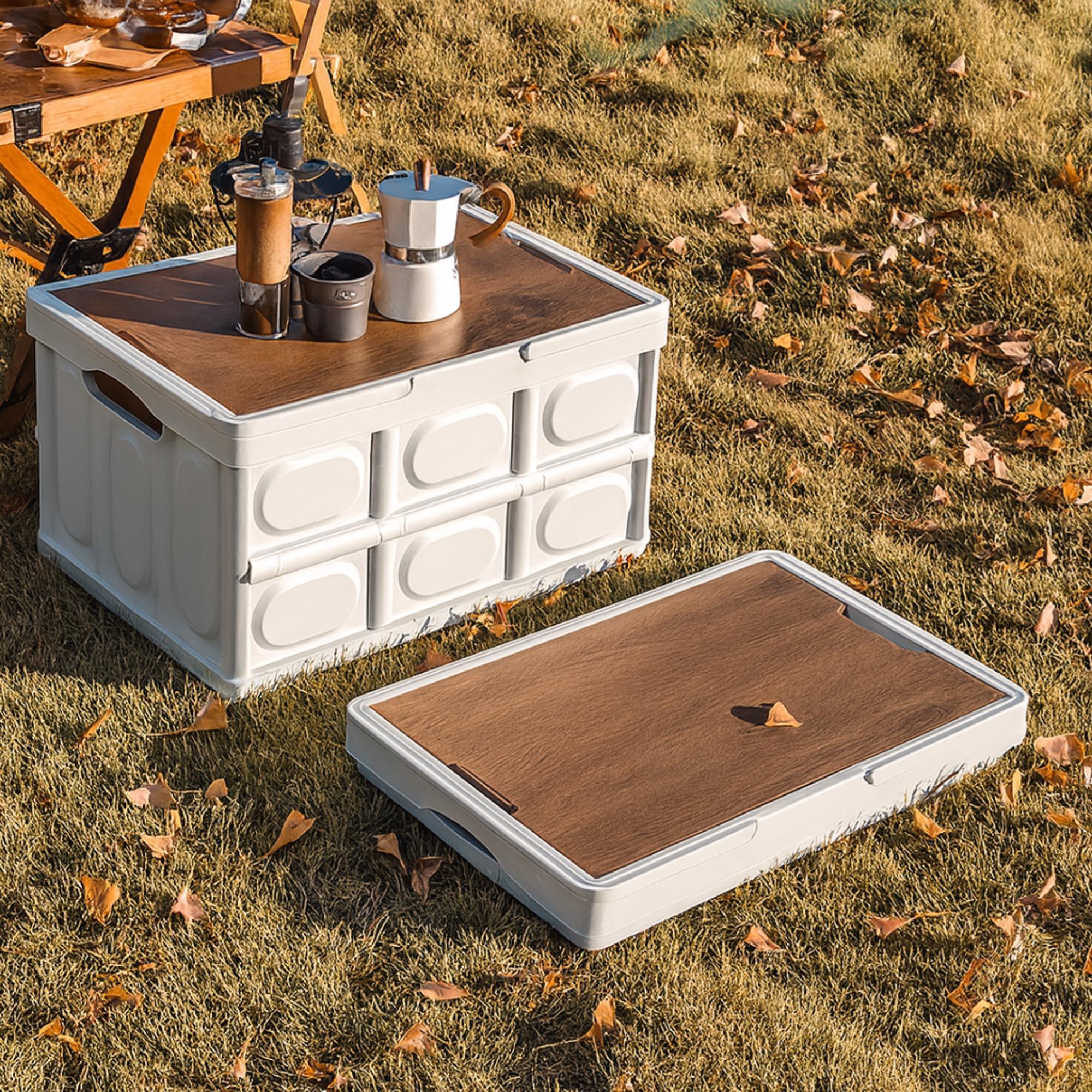 Caja de almacenamiento plegable color blanco con tapa imitación madera