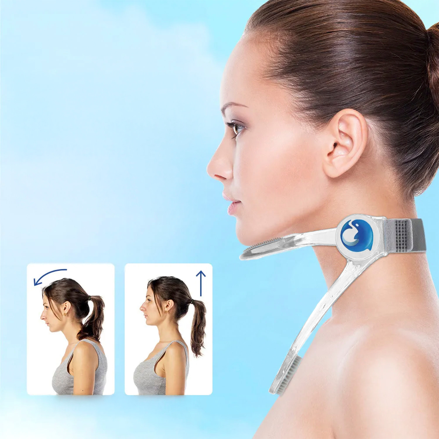 Soporte ergonómico para cuello con ajuste de altura y rotación 360°, ideal para mejorar la postura en casa o trabajo.