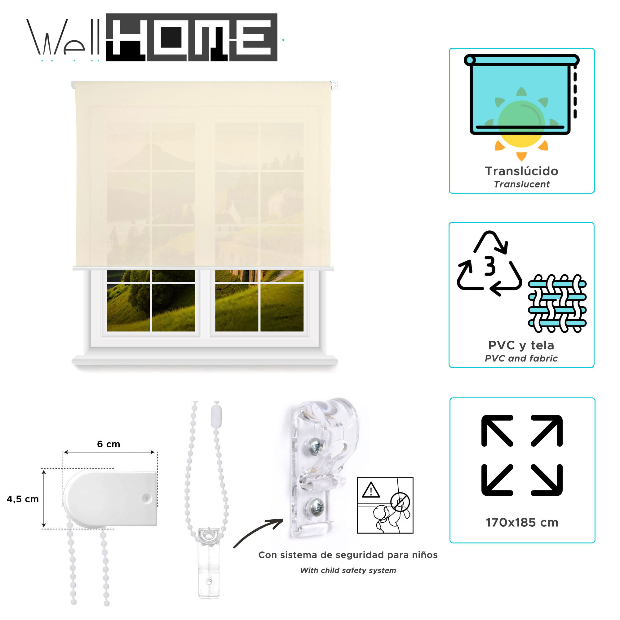 Well home estor enrollable translúcido liso - beige, 170 x 175cm (ancho x largo)/tamaño de la tela 167 x 170cm