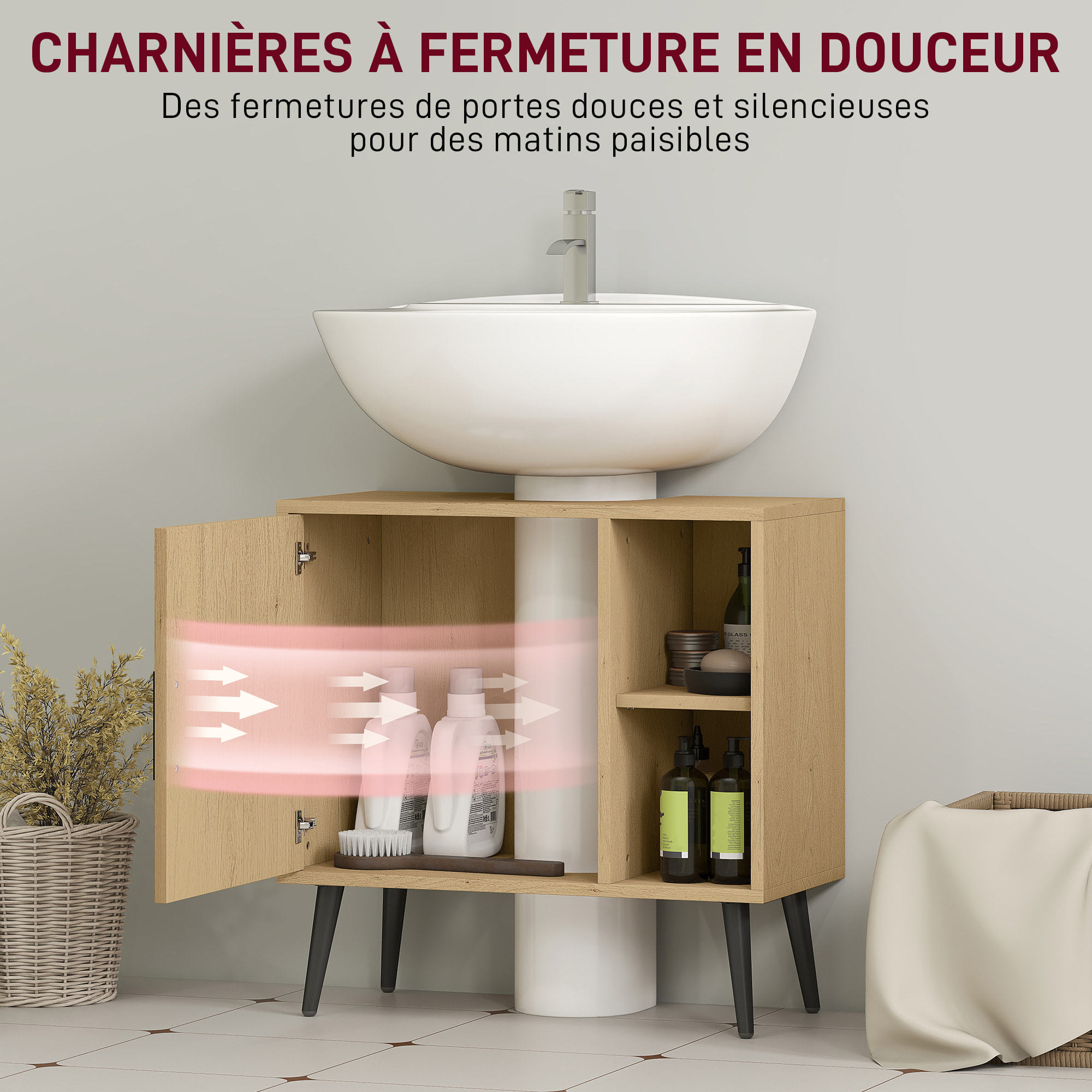 Meuble sous vasque style nordique dim. 60 x 30 x 59,5 cm - porte, 2 niches - piètement métal noir effet bois clair
