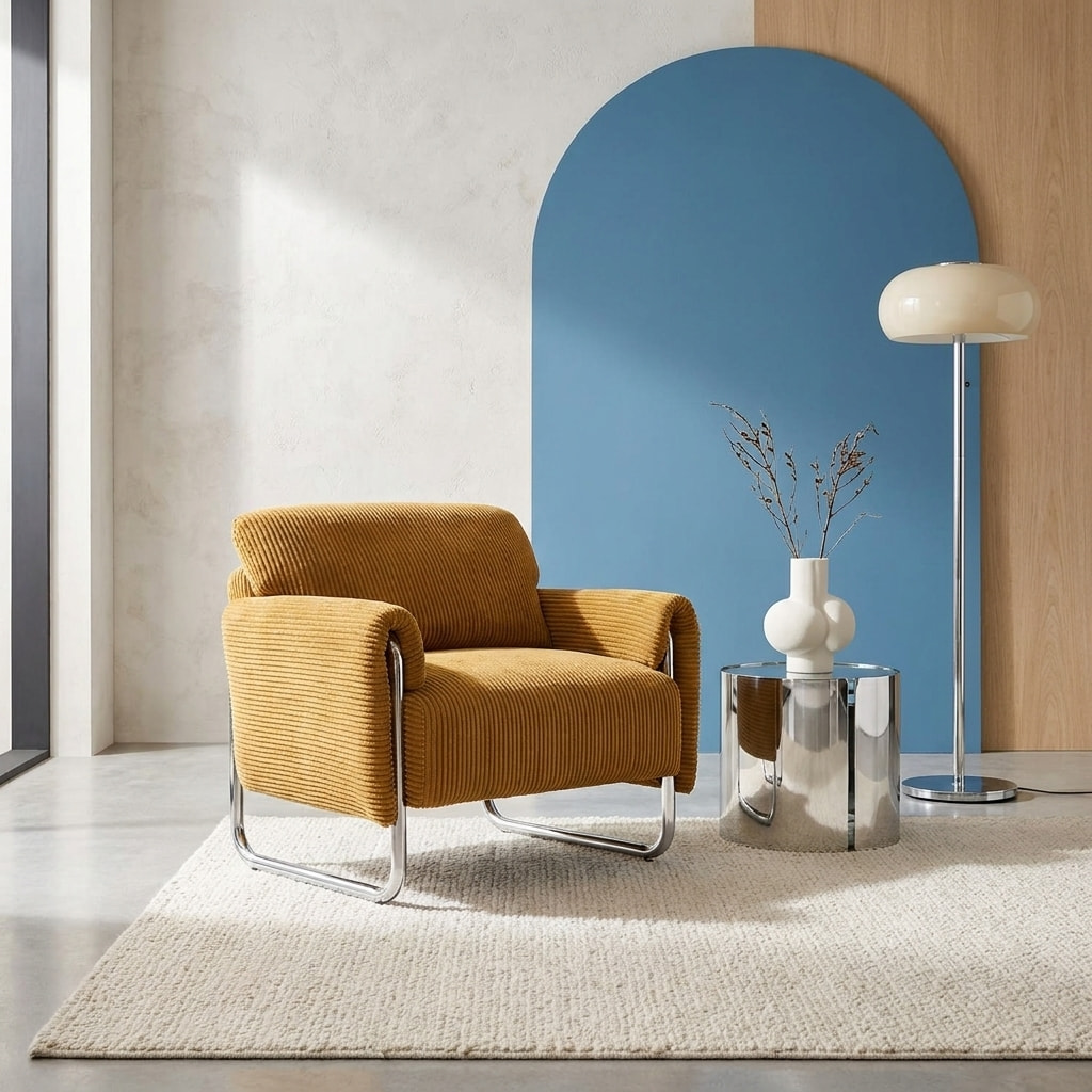 Fauteuil vintage velours côtelé armature chromée VINTAGE