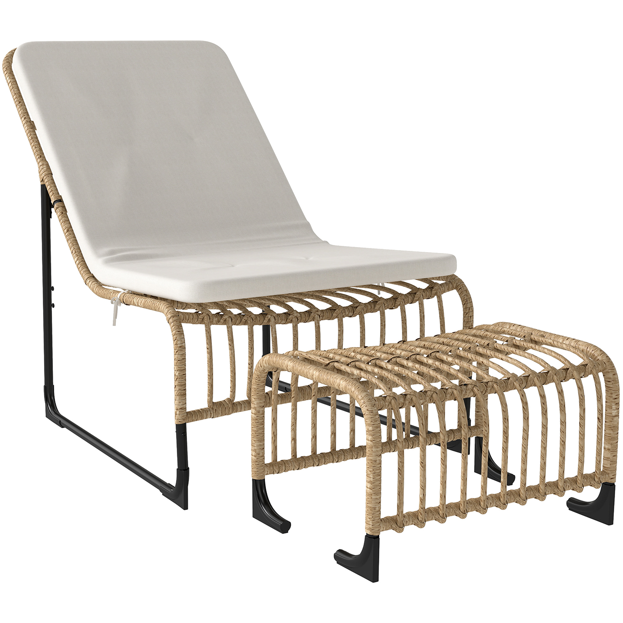 Conjunto de Sillón de Jardín con Reposapiés de Ratán Sintético Sillón para Exterior con Cojín Acolchado y Estructura de Acero Natural y Beige