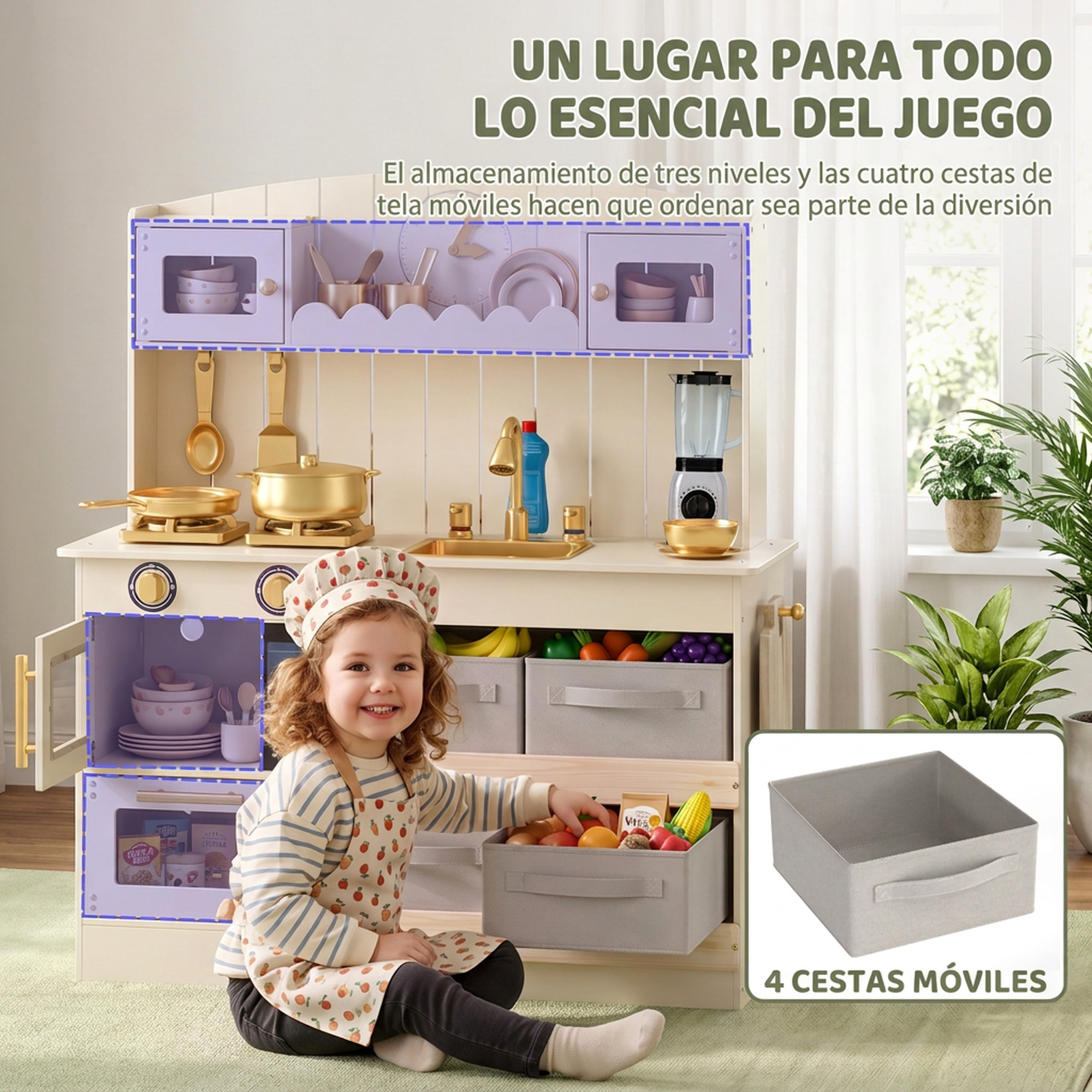 AIYAPLAY Cocina de Juguete de Madera con Luces y Sonidos, Cocinita Infantil con 4 Cestas de Tela, 12 Accesorios, 2 Fogones, Microondas, Fregadero, Grifo, 3-6 Años, Crema