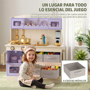 AIYAPLAY Cocina de Juguete de Madera con Luces y Sonidos, Cocinita Infantil con 4 Cestas de Tela, 12 Accesorios, 2 Fogones, Microondas, Fregadero, Grifo, 3-6 Años, Crema