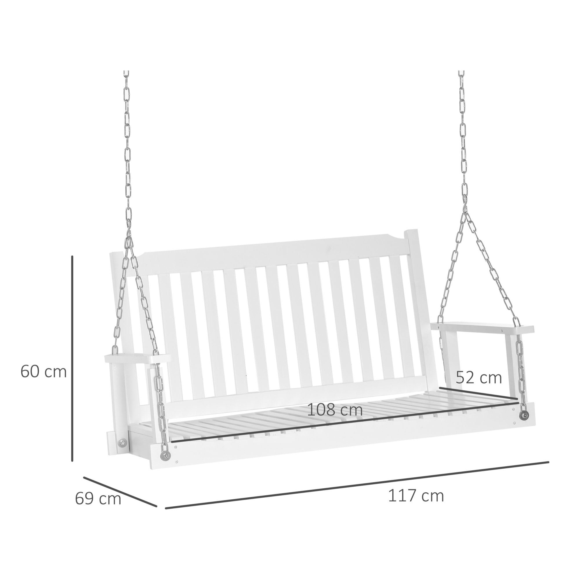 Banc suspendu 2 places chaînes incluses bois sapin traité blanc