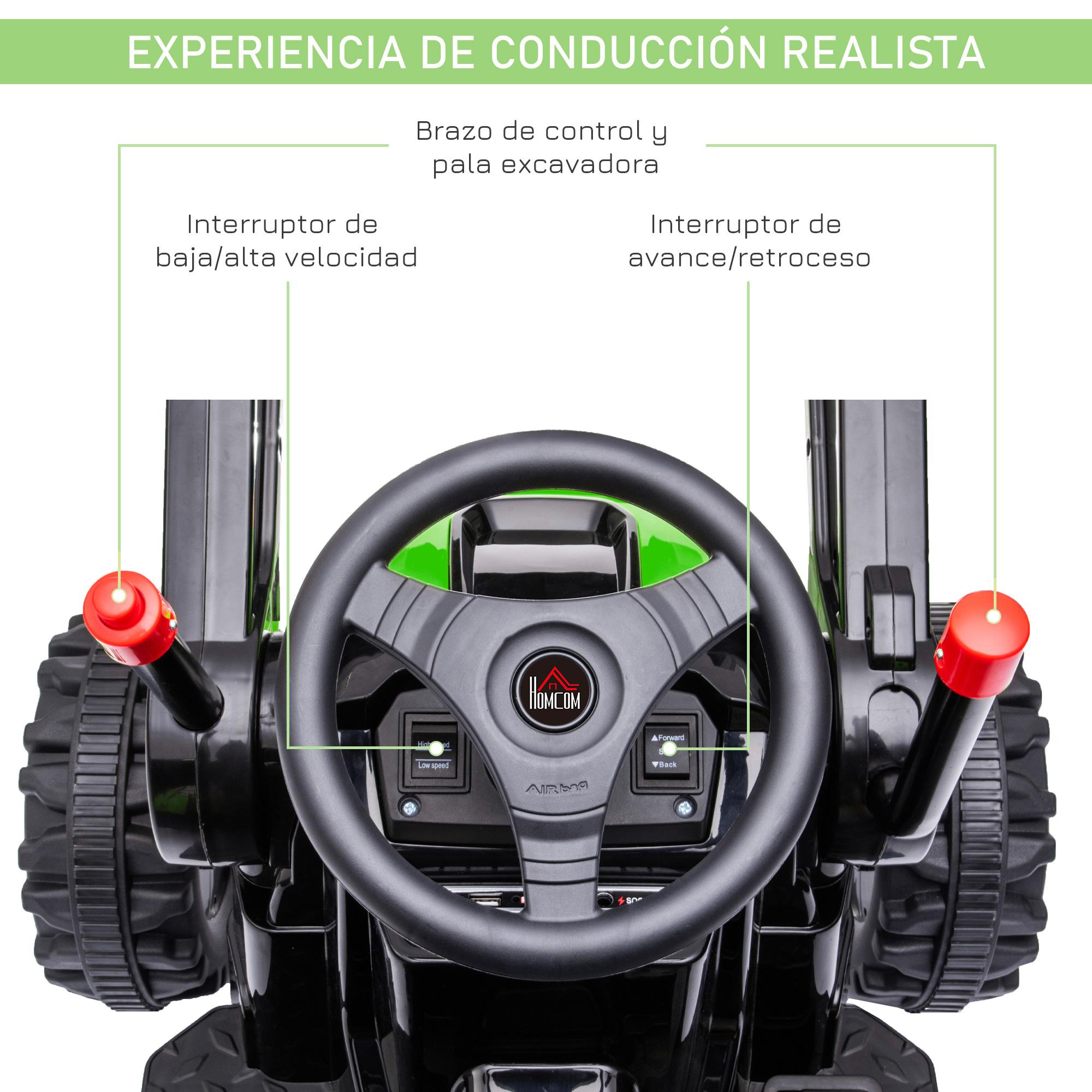 Tractor Excavadora Eléctrico Infantil +3 Años a Batería Música y Luces Verde