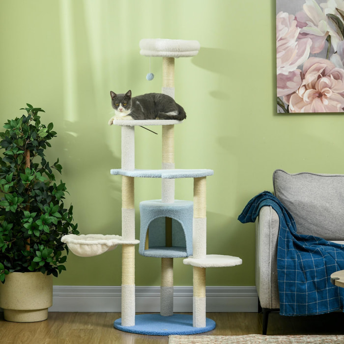 Árbol Rascador para Gatos Grandes de 155 cm Torre para Gatos de Interior con Postes de Sisal Cueva Cama Hamaca y Bola de Juguete Ø54,5x155 cm Blanco y Azul