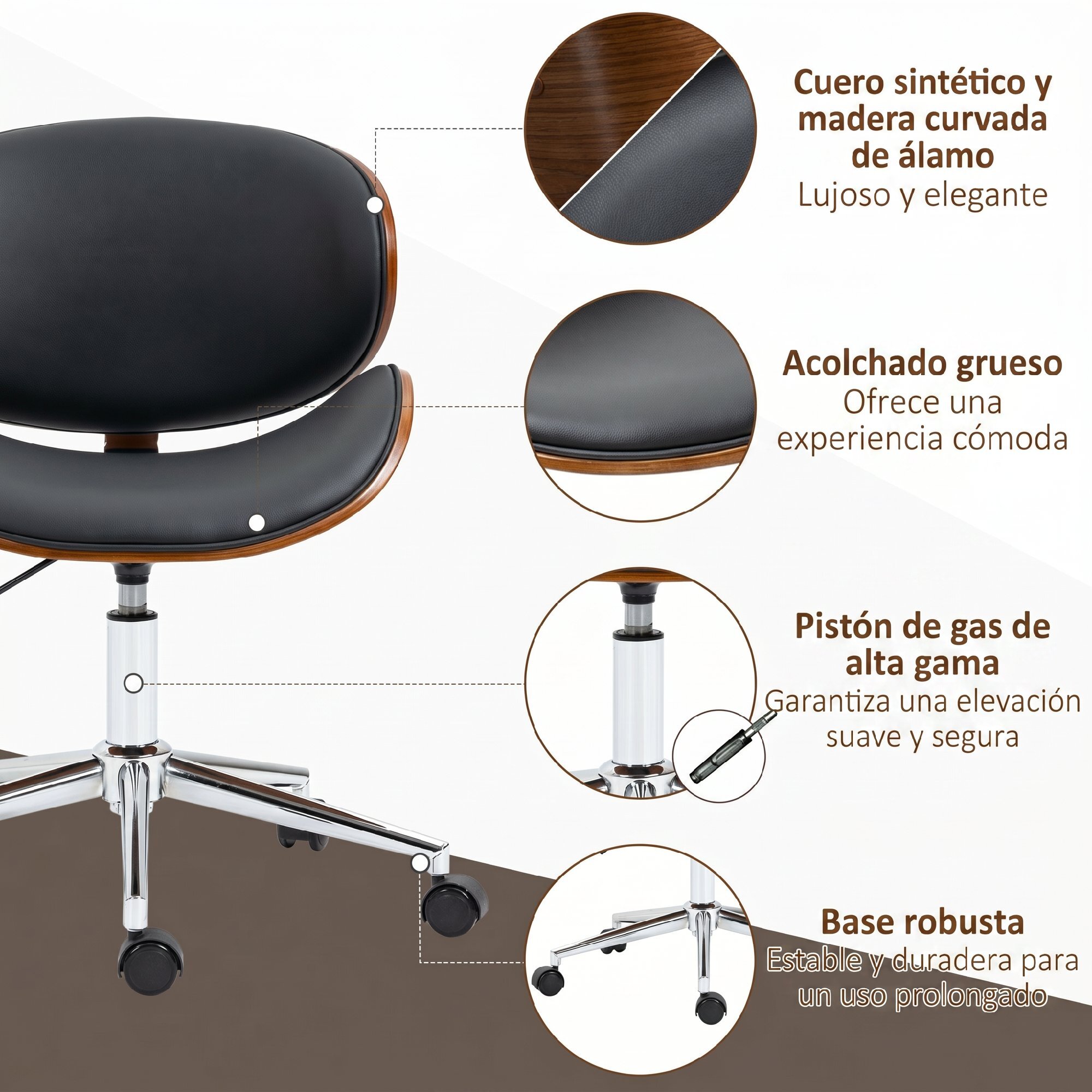 Vinsetto Silla de Oficina con Ruedas, Silla de Escritorio Tapizada en PU con Asiento Ancho y Curvado de Madera, Respaldo Acolchado, Altura Ajustable, Diseño sin Brazos, para Casa, Oficina, Negro