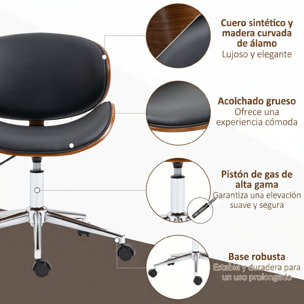 Vinsetto Silla de Oficina con Ruedas, Silla de Escritorio Tapizada en PU con Asiento Ancho y Curvado de Madera, Respaldo Acolchado, Altura Ajustable, Diseño sin Brazos, para Casa, Oficina, Negro