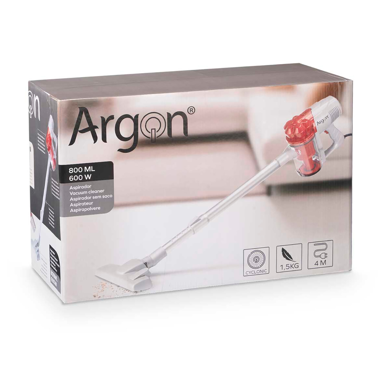 Aspirador de mano rojo con 600W de potencia y 800 ml de capacidad.
