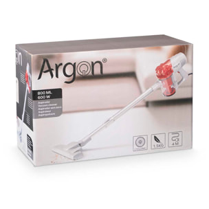 Aspirador de mano rojo con 600W de potencia y 800 ml de capacidad.