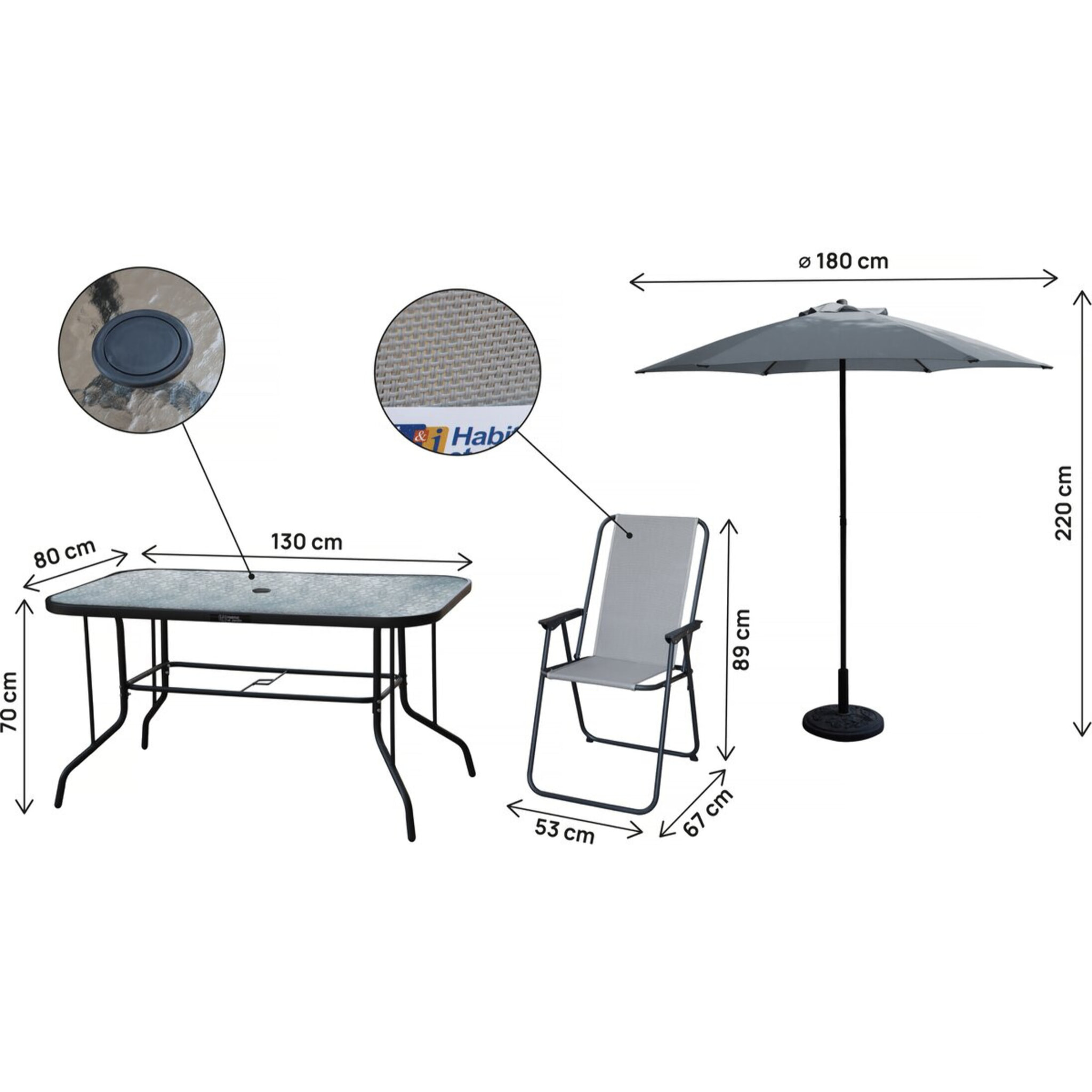 Table et chaises de jardin avec parasol en métal "Convivia" - 6 places - Gris clair