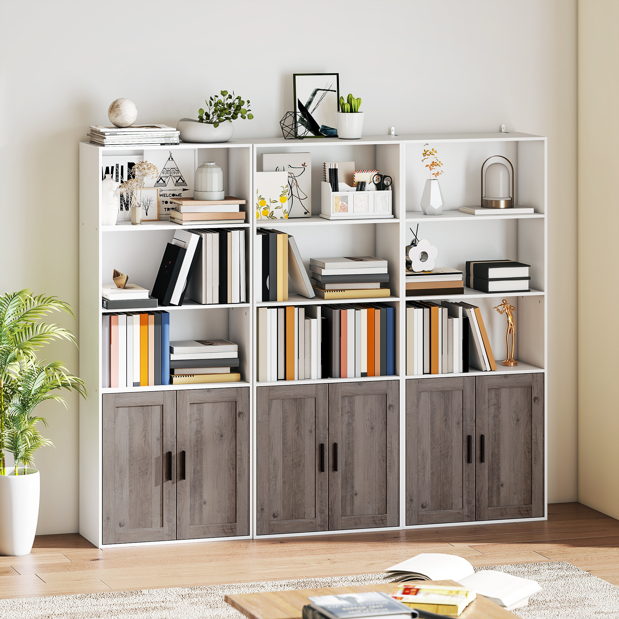 Estantería para Libros Estrecha, Librería con Puertas, Estantes Abiertos y Armario con Balda Ajustable, para Salón, Estudio, Oficina, 60x30x149,5 cm, Blanco y Marrón