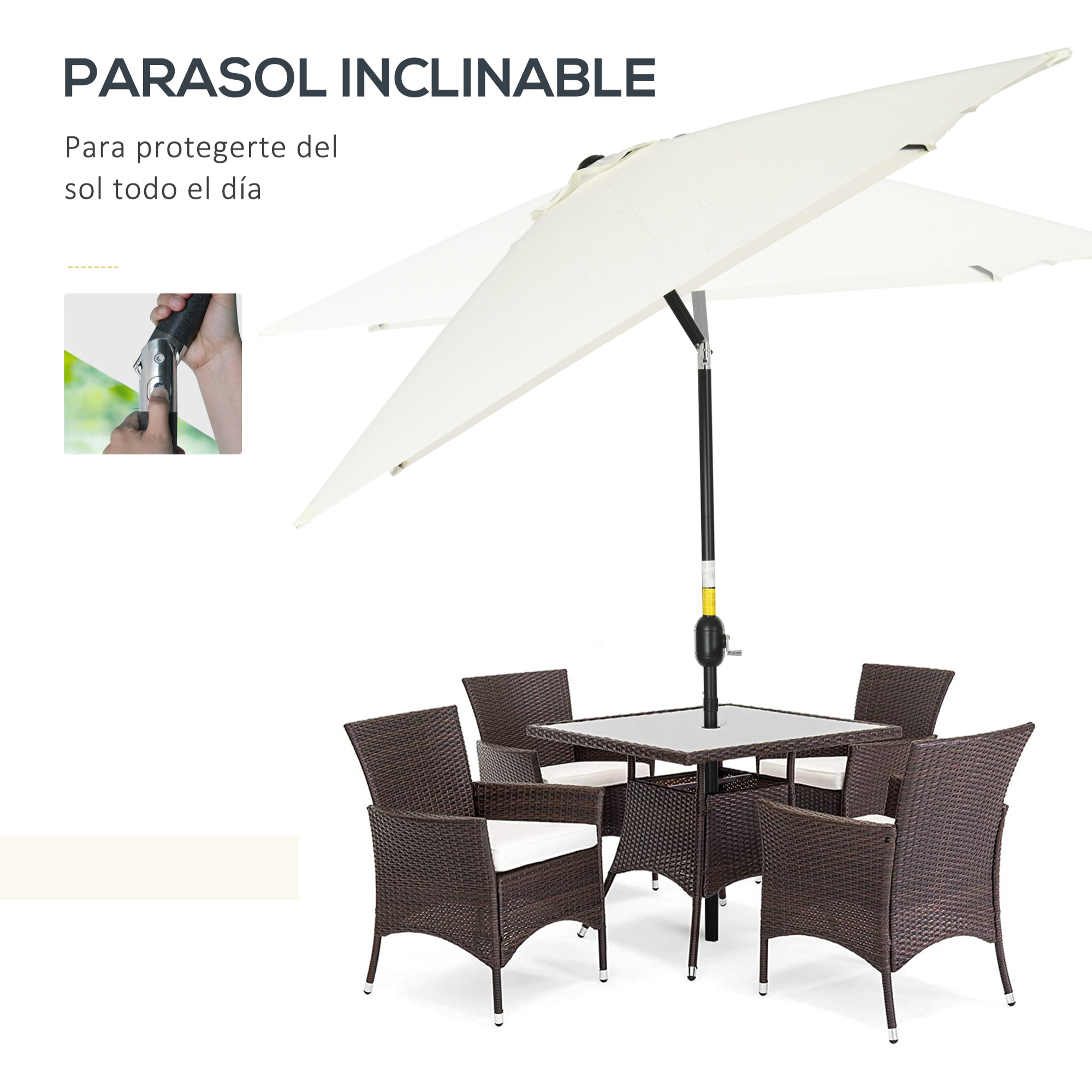 Sombrilla de Aluminio 200x300x240 cm Parasol Rectangular de Jardín Inclinable con Manivela y Poste Desmontable para Terraza Piscina Patio Exterior Crema