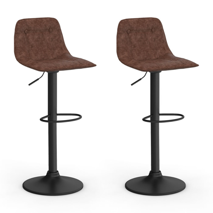 Tabourets de bar réglables Edison marron et pied métal noir - lot de 2