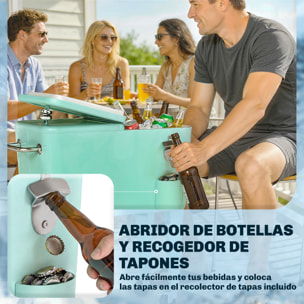 Carro de Bebidas Refrigerado 56L con Ruedas, Carro Nevera con Abrebotellas, Recogetapas y Asa, para Patio, Fiesta, Terraza, 75x35x78 cm, Verde Claro