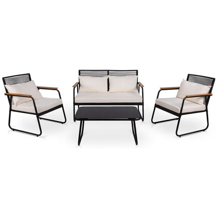 Conjunto de jardín 4 plazas, mesa centro+sofá+sillones de acero beige