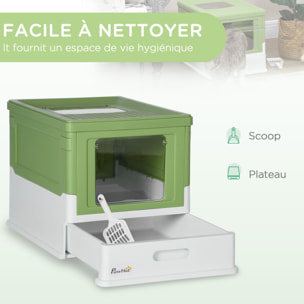 Maison de toilette pliable pour chat - tiroir à litière coulissant, porte battante et trappe transparente, pelle - blanc vert