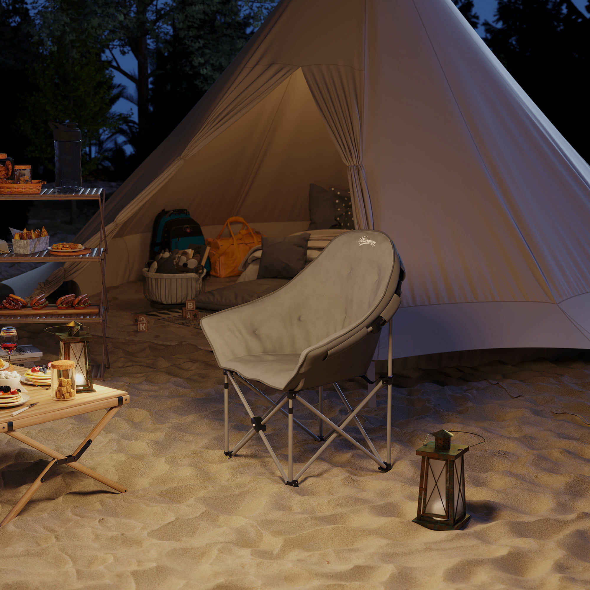 Chaise de camping pliante rembourrée revêtement toucher daim grand confort rangements sac inclus gris