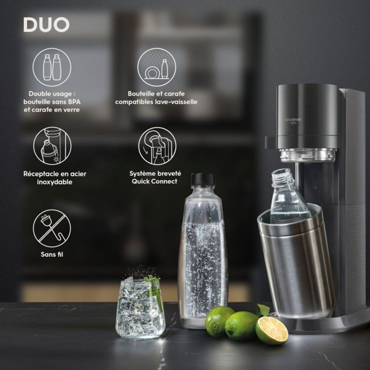 Machine à soda SODASTREAM DUO Noire Pack 2 carafes + 2 bouteilles