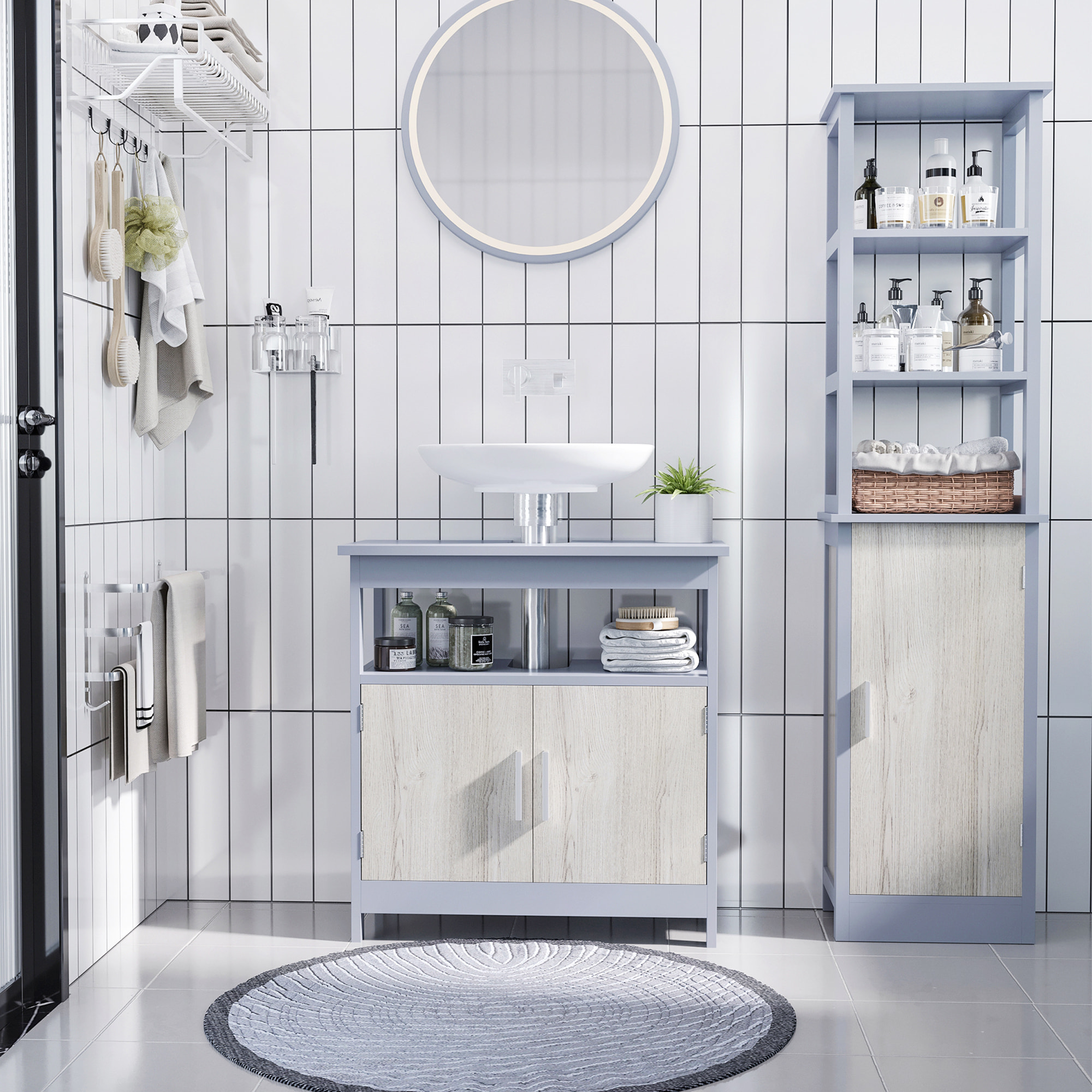 Armario Alto de Baño con 1 Puerta y 3 Estantes Abiertos Mueble Auxiliar de Almacenaje para Salón Cocina Dormitorio Carga 30 kg Antivuelco 40x30x160 cm Gris