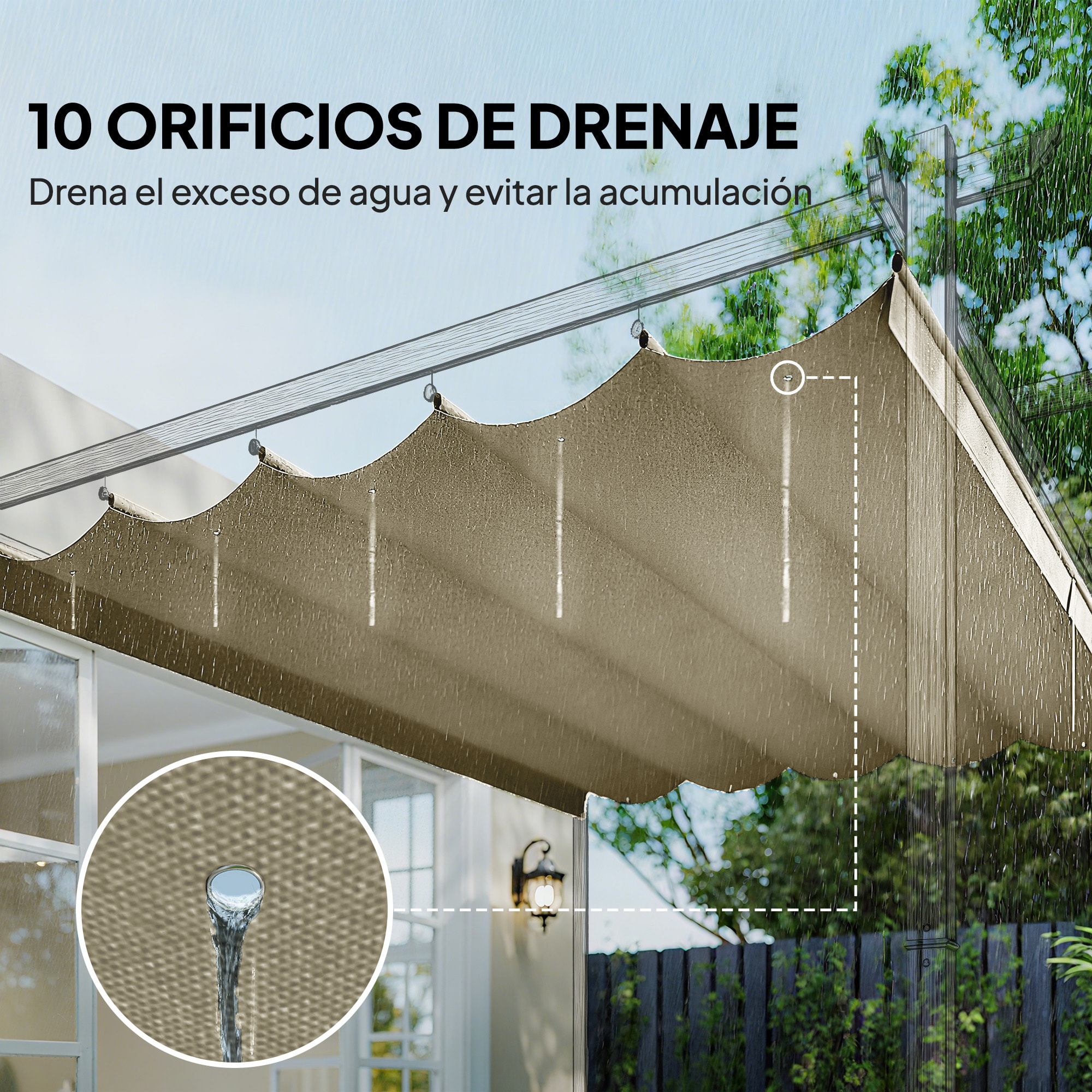 Techo de Pérgola 3,5x2,6 m, Techo de Repuesto Retráctil para Marco de Pérgola de 4x3 m, UV30+, Toldo de Tela Solo para Cenador Jardín con 10 Orificios de Drenaje, Beige