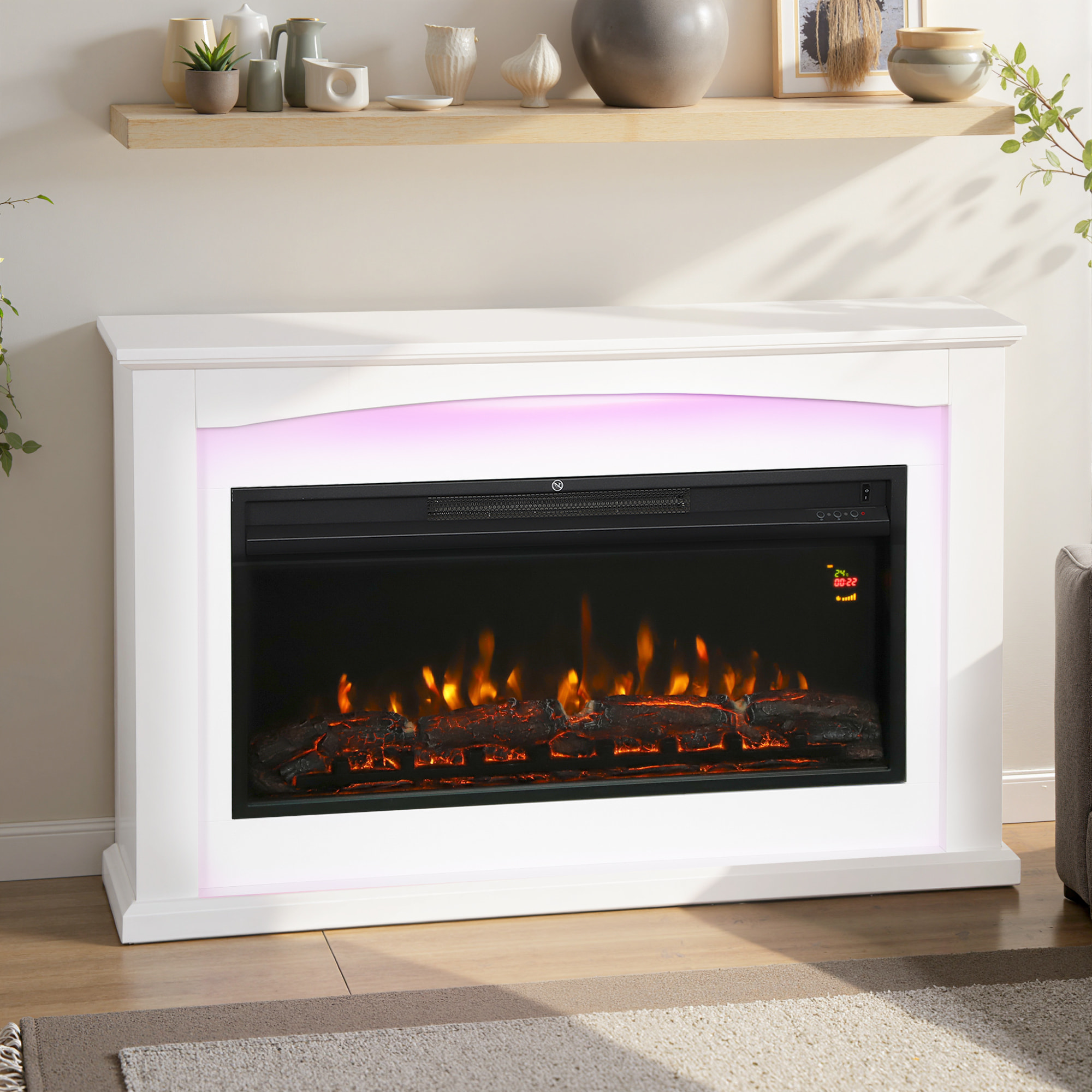 Cheminée électrique design LED multicolore grande taille 121 x 25 x 77 cm 2000W télécommande blanc