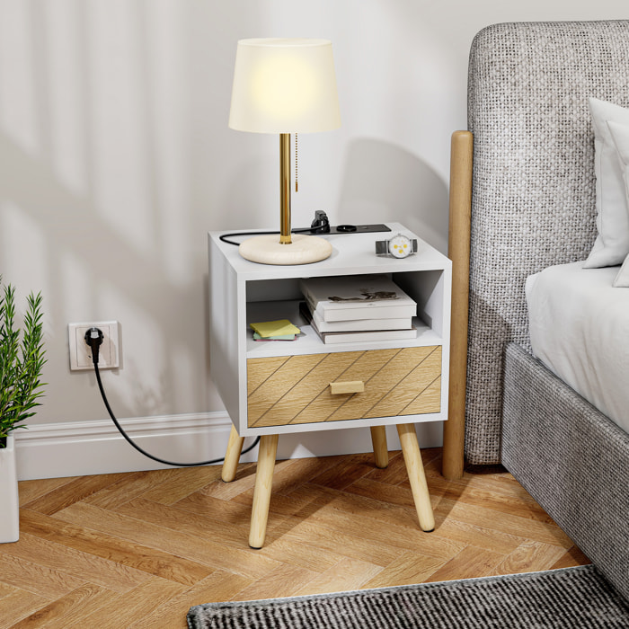 Mesita de Noche con Estación de Carga, Mesilla de Noche con Cajón, 2 Tomas AC, Puerto USB y Tipo-C, Compartimento Abierto, Patas de Madera, para Salón, Dormitorio, Blanco