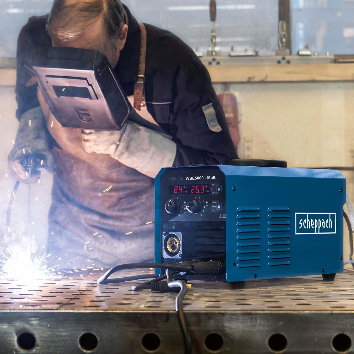 Poste à souder à fil fourré WSE5000-Multi - WIG/TIG - MIG/MAG - MMA - 120A - AMPS - 230V- Masque, Eletrodes et Buses incluses - SCHEPPACH - 5906609901