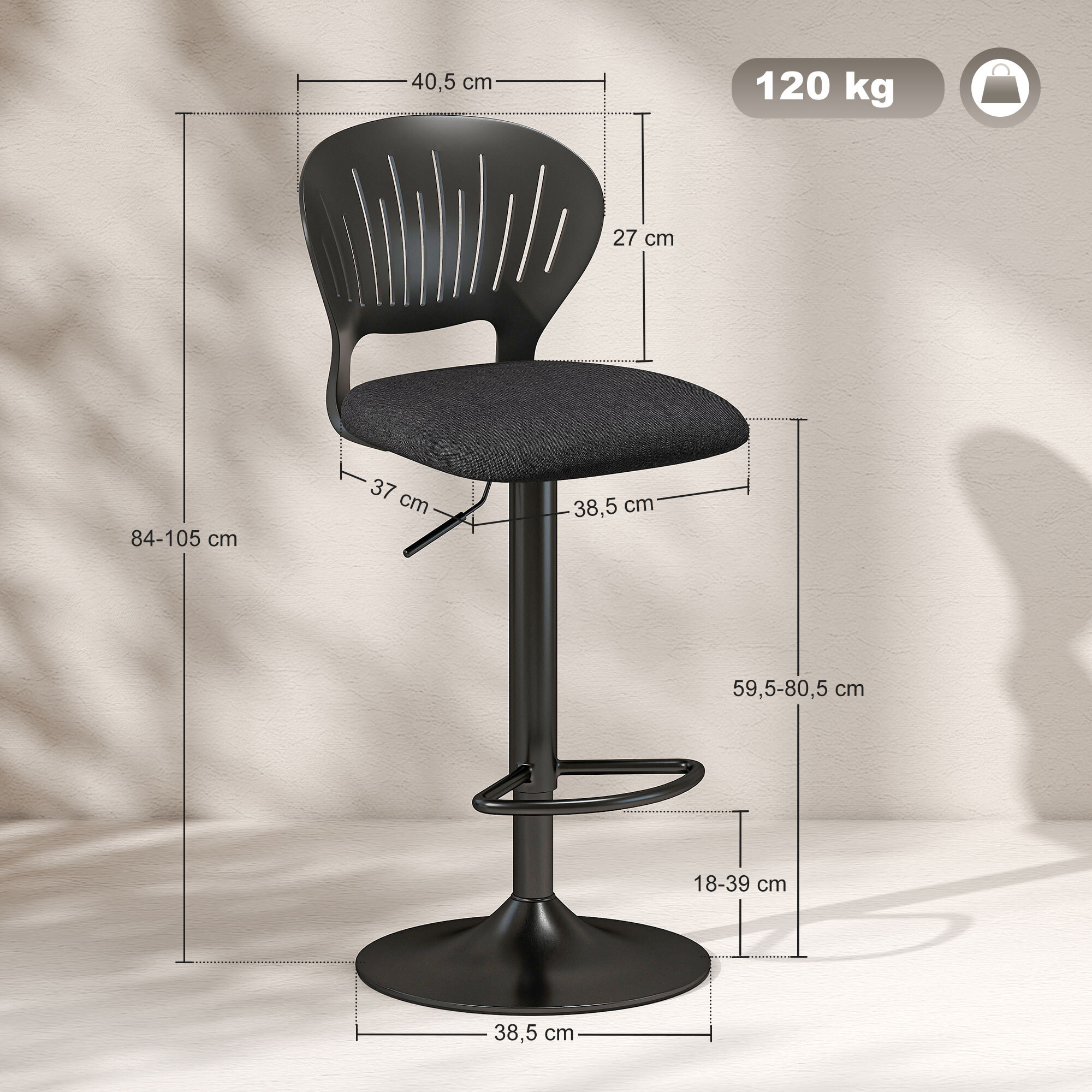Juego de 2 Taburetes Altos de Cocina Giratorios en 360°, Taburetes de Bar Regulables en Altura de 84-105 cm, Respaldo Hueco, Reposapiés, para Comedor, Mostrador, Negro