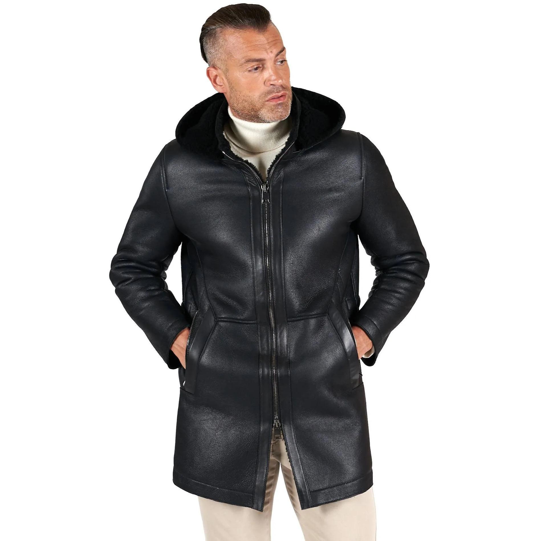 Cappotto montone nero Shearling uomo cappuccio staccabile