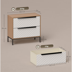 Cómoda con 2 Cajones de Tela, Cómoda para Dormitorio, Frentes con Patrón de Diamante, Cajonera para Salón, Oficina, Vestidor, Natural y Blanco