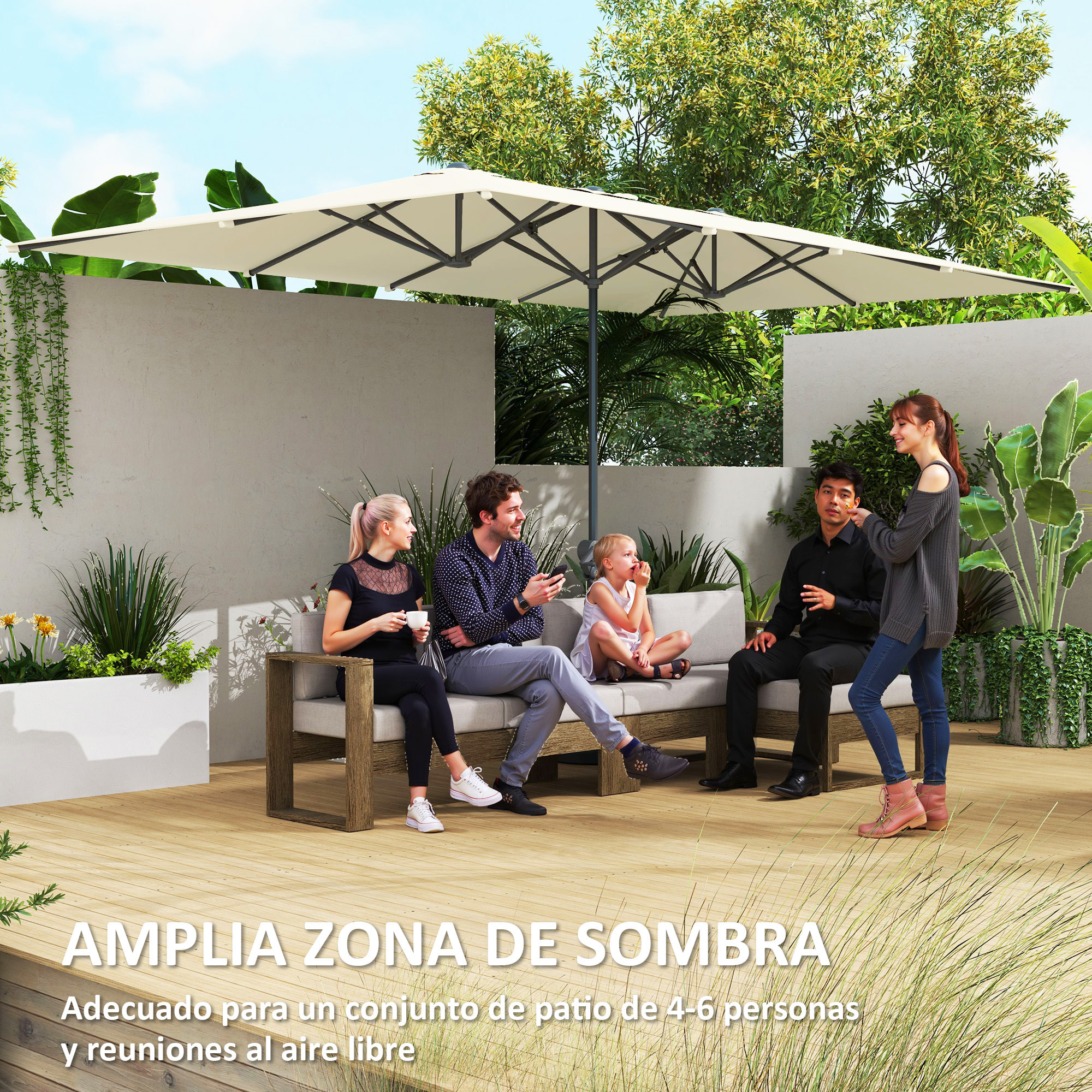 Sombrilla Doble 4,5x2,6 m Sombrilla Terraza Exterior con Manivela Poste de Aluminio Impermeable y Protección UV50+ Parasol Grande para Terraza Playa Piscina Crema