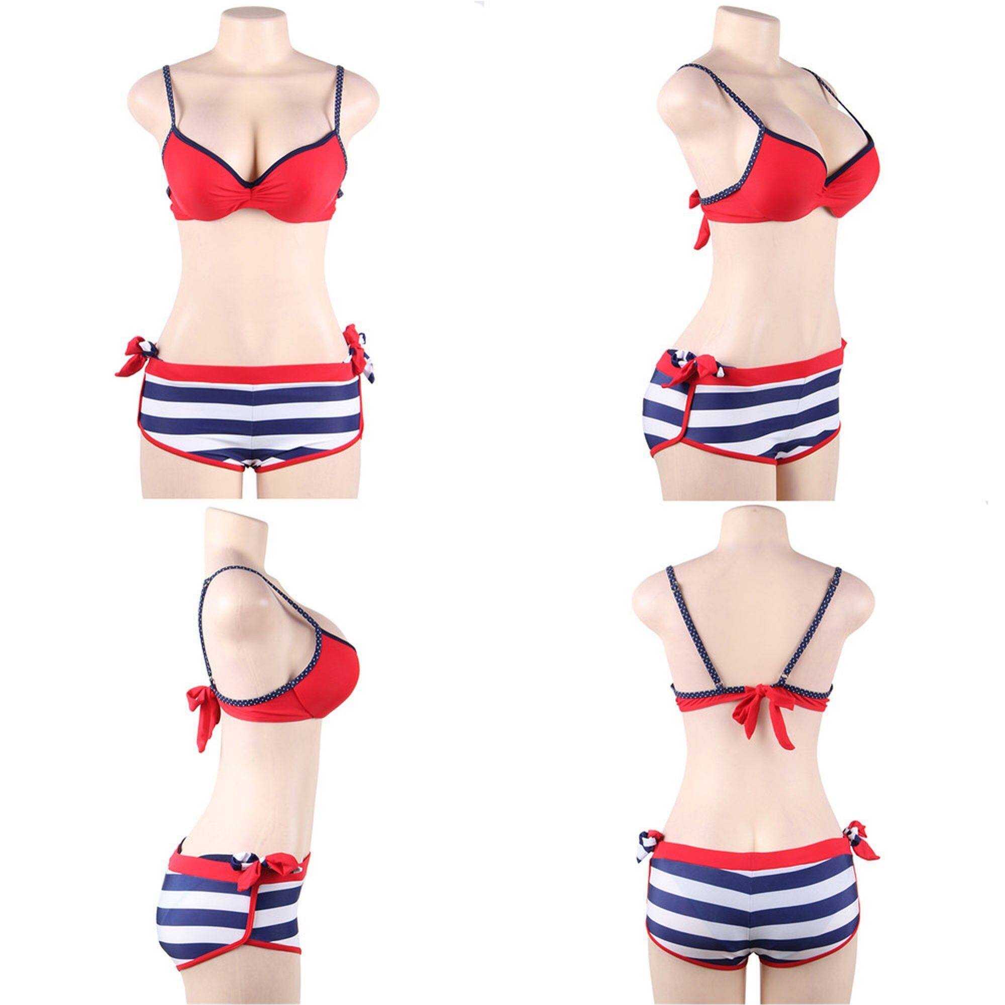 Conjunto de bikini 3 piezas rojo a rallas con anillo de acero