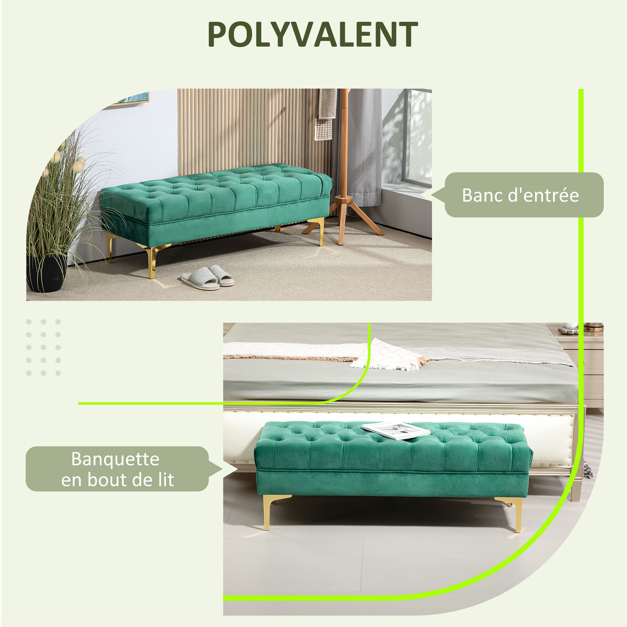 Banc banquette capitonnée style classique chic dim. 118L x 45l x 42H cm piètement métal doré velours vert