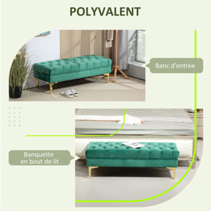 Banc banquette capitonnée style classique chic dim. 118L x 45l x 42H cm piètement métal doré velours vert