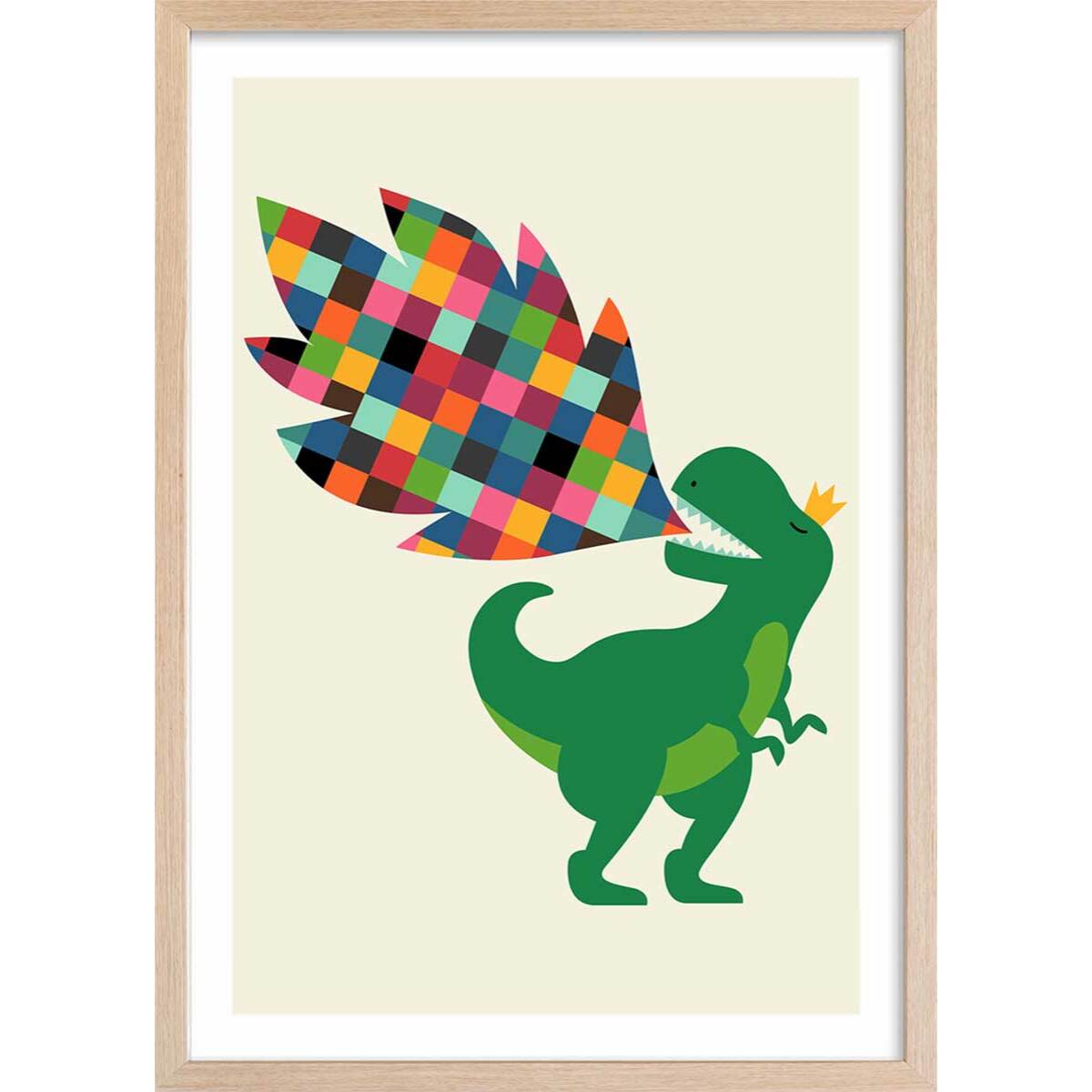 Affiche  dino cracheur de feu Affiche + cadre en bois - Chêne