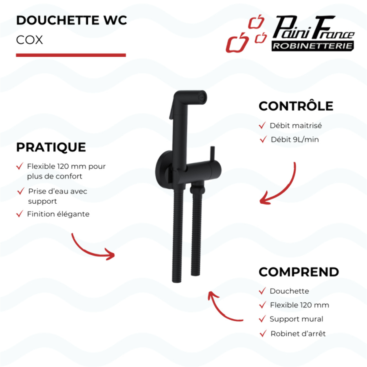 Douchette WC PAINI Cox ronde + Support + Flexible inox brossé noir mat