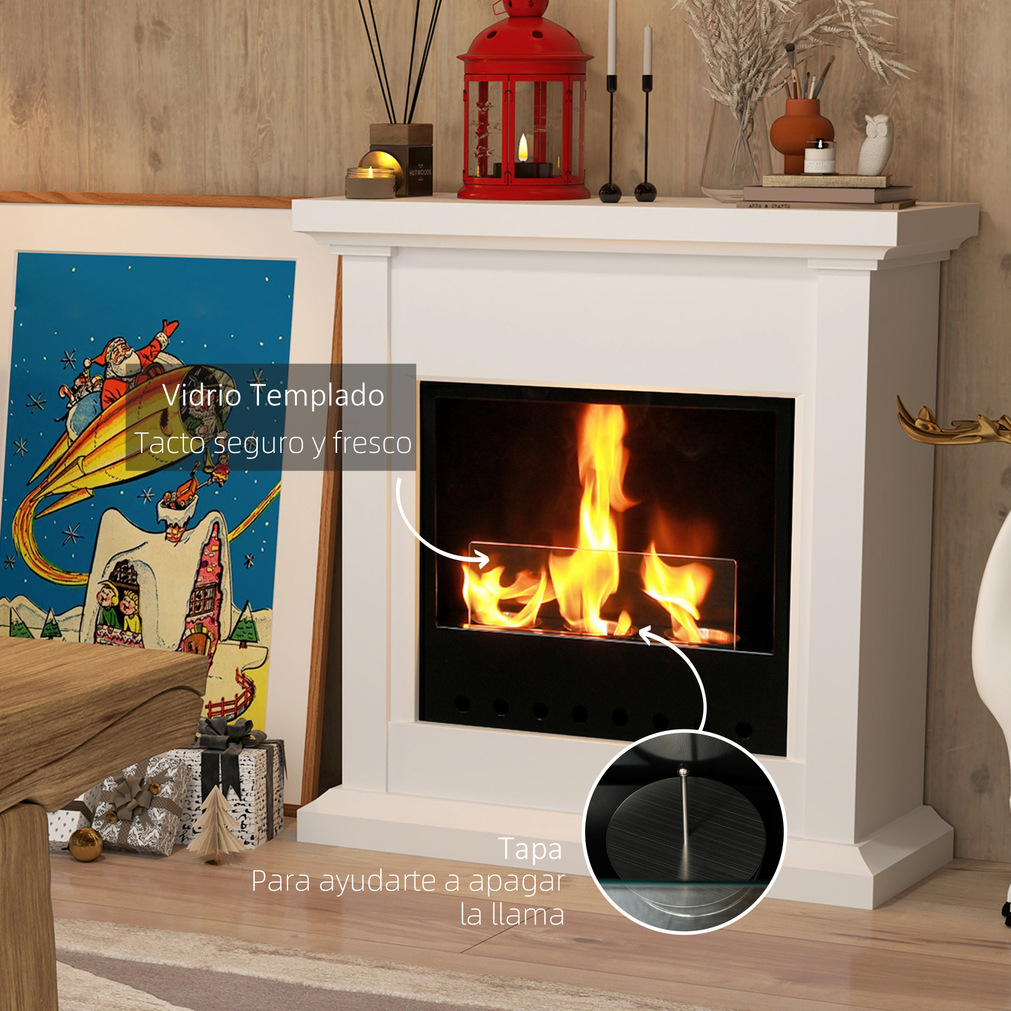 Chimenea de Bioetanol Estufa de Bioetanol de Pie con Tanque de 1,2 L Apagallamas de Acero Inoxidable Tiempo de Combustión 3H para Interiores 16-18 m² 63,5x24x66 cm Blanco