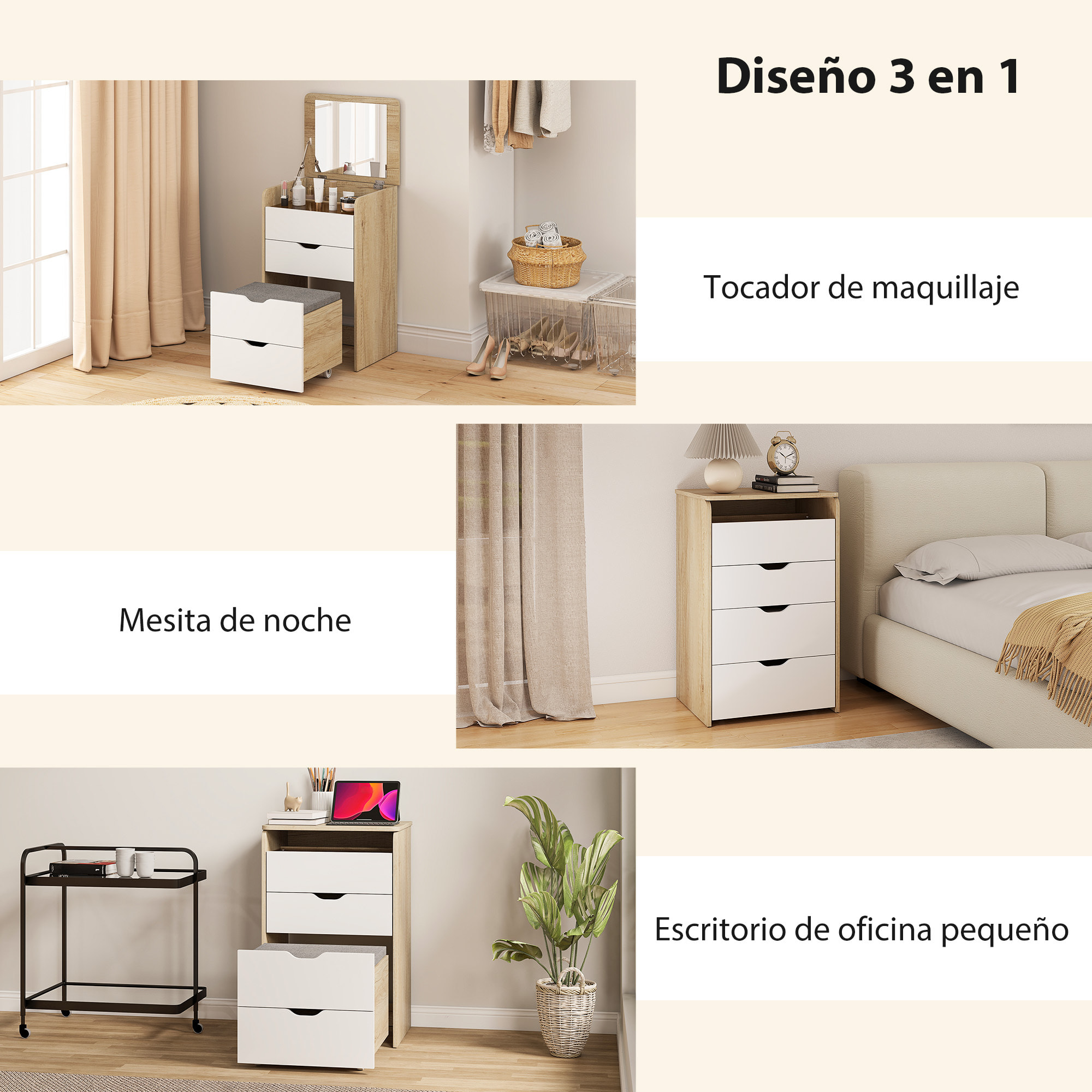 Tocador de Maquillaje 3 en 1 con Taburete Oculto y Espejo Abatible, Mesa de Maquillaje de Vidrio Visible con 3 Cajones y Taburete Acolchado, para Espacios Reducidos, Vestidor, Roble y Blanco