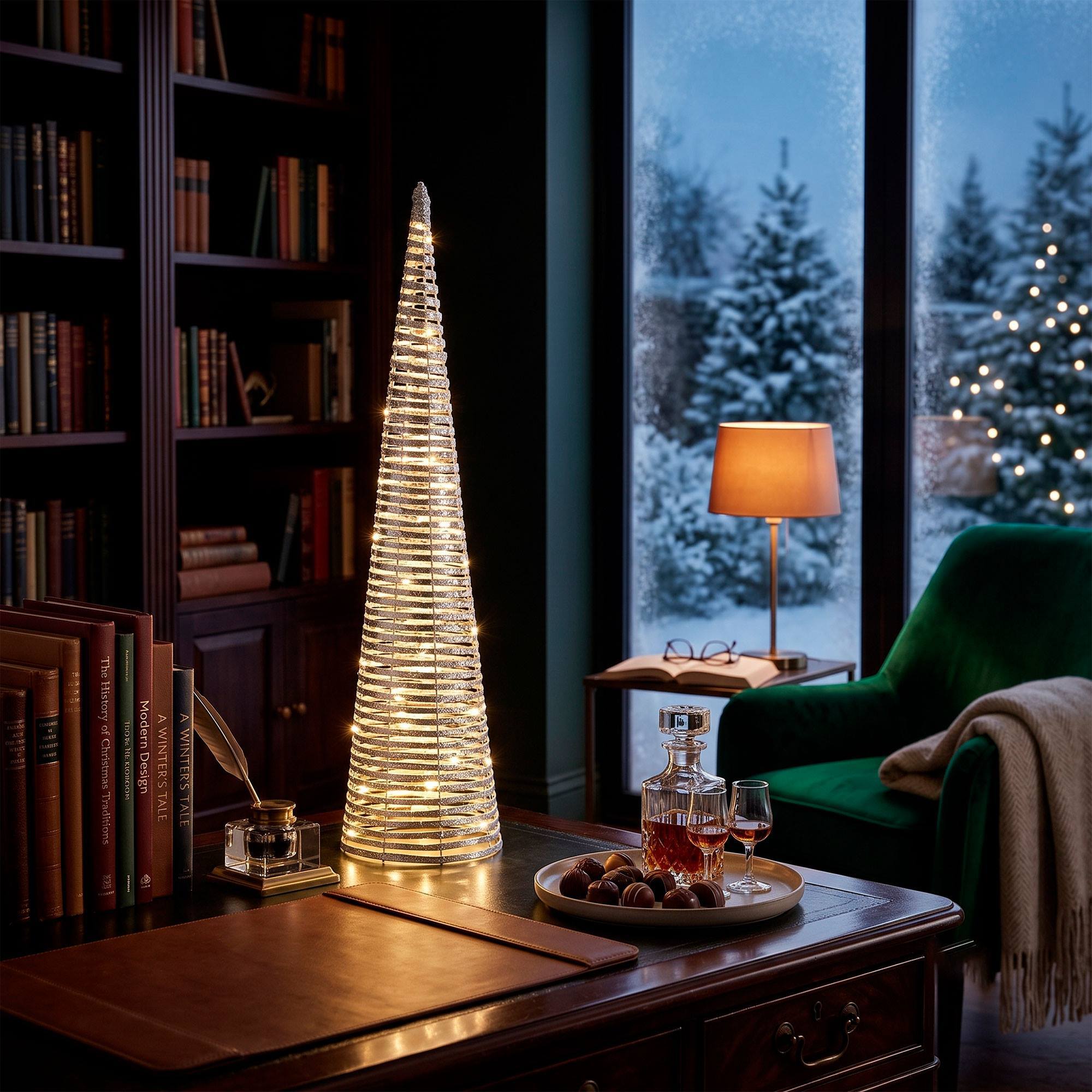 Árbol de navidad cónico led plateado con 60 microled blanco cálido, con temporizador ø20x80 cm