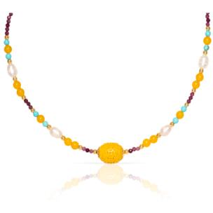 Collar de crisoberilo, turmalina, citrino, turquesa y perlas naturales con cierre de mosquetón.