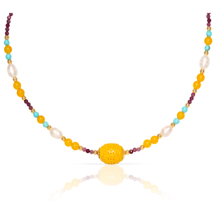 Collar de crisoberilo, turmalina, citrino, turquesa y perlas naturales con cierre de mosquetón.