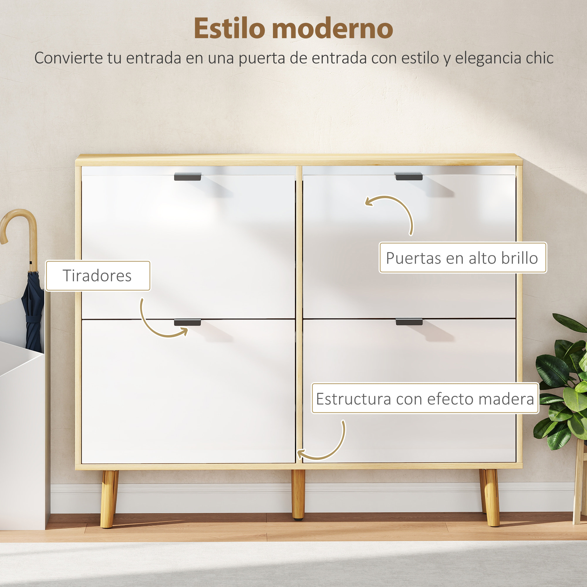 Zapatero Estrecho con 4 Puertas en Blanco Brillo, Zapatero Entrada Recibidor con Estantes Ajustables Patas de Madera, para 20 Pares de Zapatos, 105x24x92,5 cm Blanco