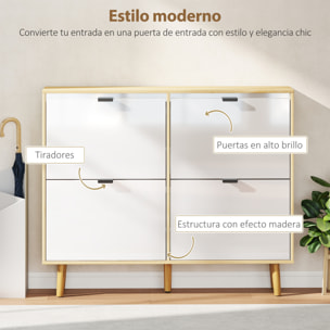 Zapatero Estrecho con 4 Puertas en Blanco Brillo, Zapatero Entrada Recibidor con Estantes Ajustables Patas de Madera, para 20 Pares de Zapatos, 105x24x92,5 cm Blanco