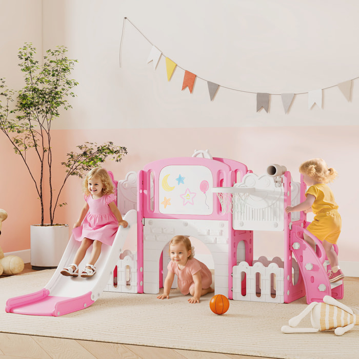 Tobogán Infantil 7 en 1, Tobogán para Niños de 1-3 Años, Temática de Rana, con Aro de Baloncesto, Túnel, Pizarra, Telescopio de Juguete, Escalador y Cajas, para Interior y Exterior, Rosa