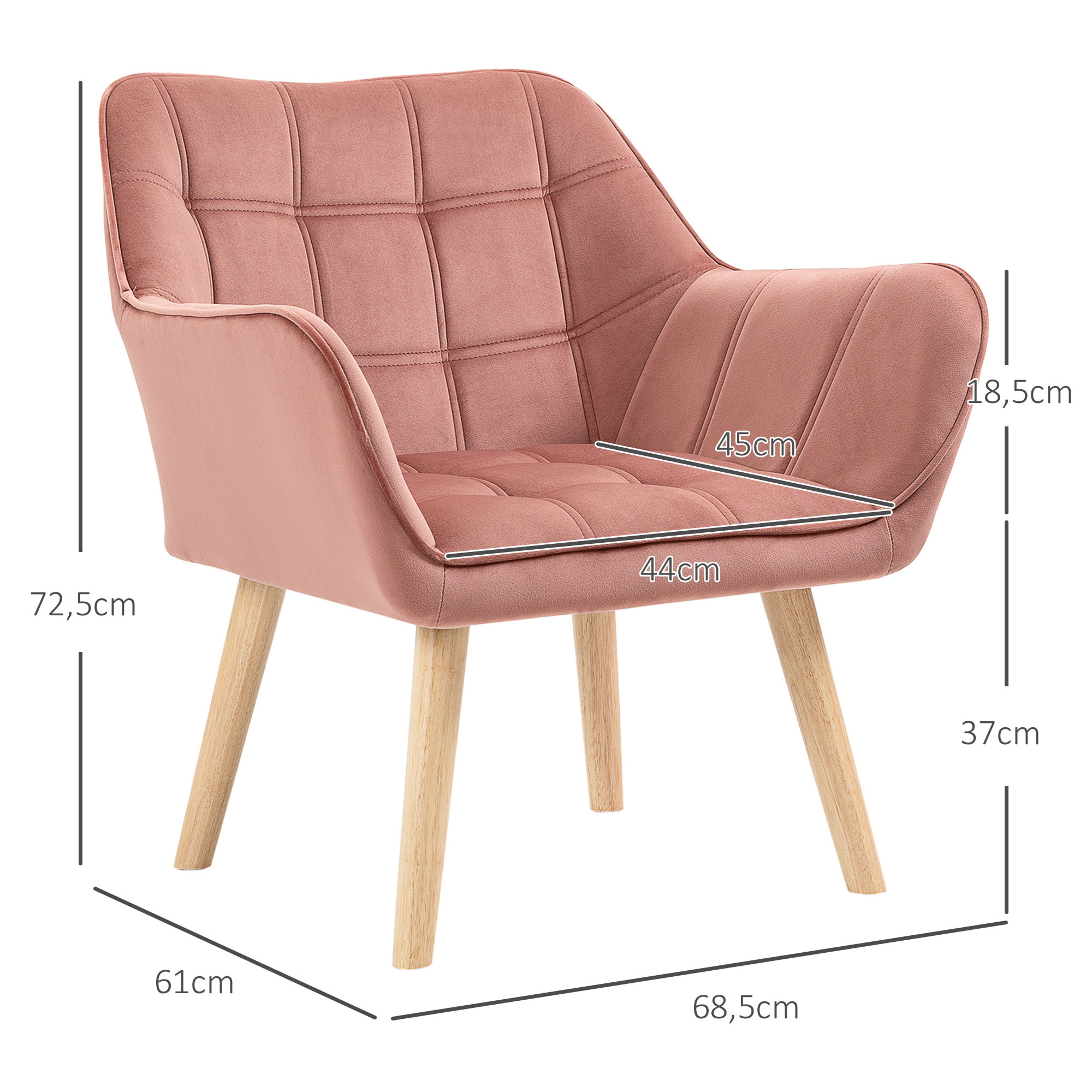 Butaca de Salón Moderna, Sillón Lectura Tapizado en Terciopelo con Asiento Ancho, Patas de Madera, Fácil Montaje, Sillón Relax para Sala de Estar, Dormitorio y Balcón, Rosa