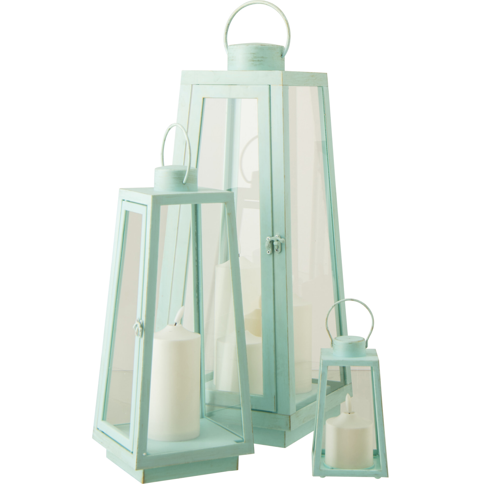 J-Line Lanterne + Bougie - verre - turquoise - large - lumières LED